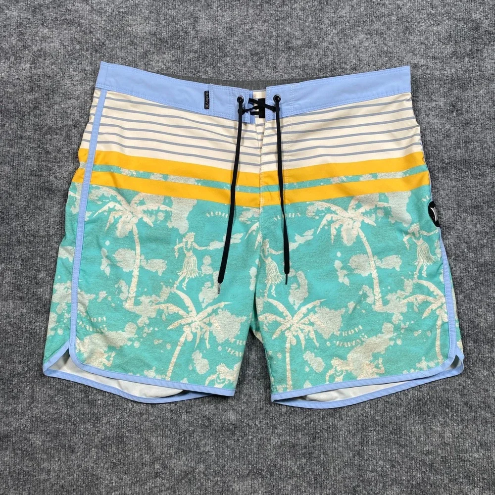 Hurley Mens 34 Board Shorts Tropical Hawaiian Palm Tree Striped Turquoise Yellow